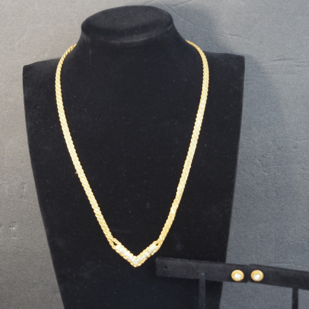 Avon Necklace Earring Set Double Rope Rhinestone V Neck Gold Tone Dainty Vintage